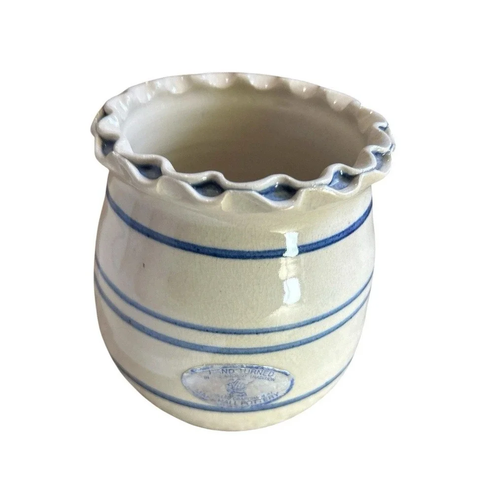 MARSHALL Pottery Blue Ruffled Rim Crock Vase T. Humphries Primitive Americana